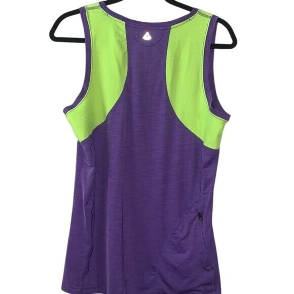 Purple & Neon Green Dri-Fit Sleeveless Active Tank Top With Zipper Pocket By Avi - Picture 4 of 10